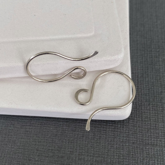 Close-up of handmade 14k Palladium White Gold earring hooks, nickel-free and hypoallergenic