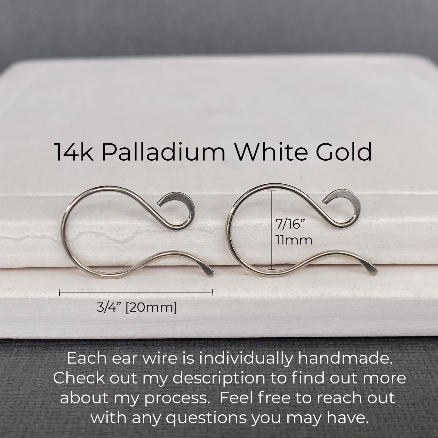 Hypoallergenic earring hooks made from solid 14k Palladium White Gold, free of nickel