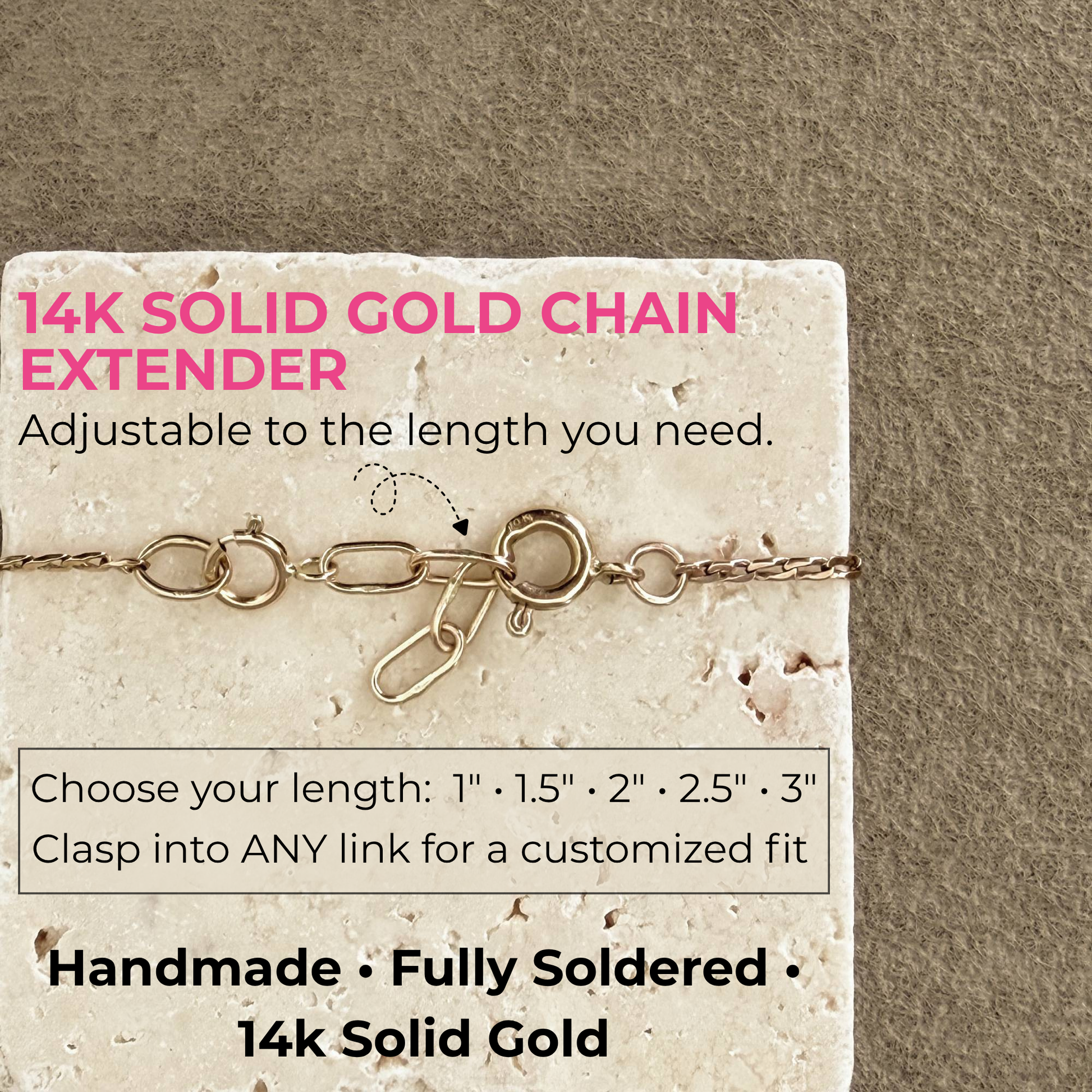 A 14k solid gold chain extender displayed on a textured beige stone tile with descriptive text overlays explaining its adjustable clasp functionality.