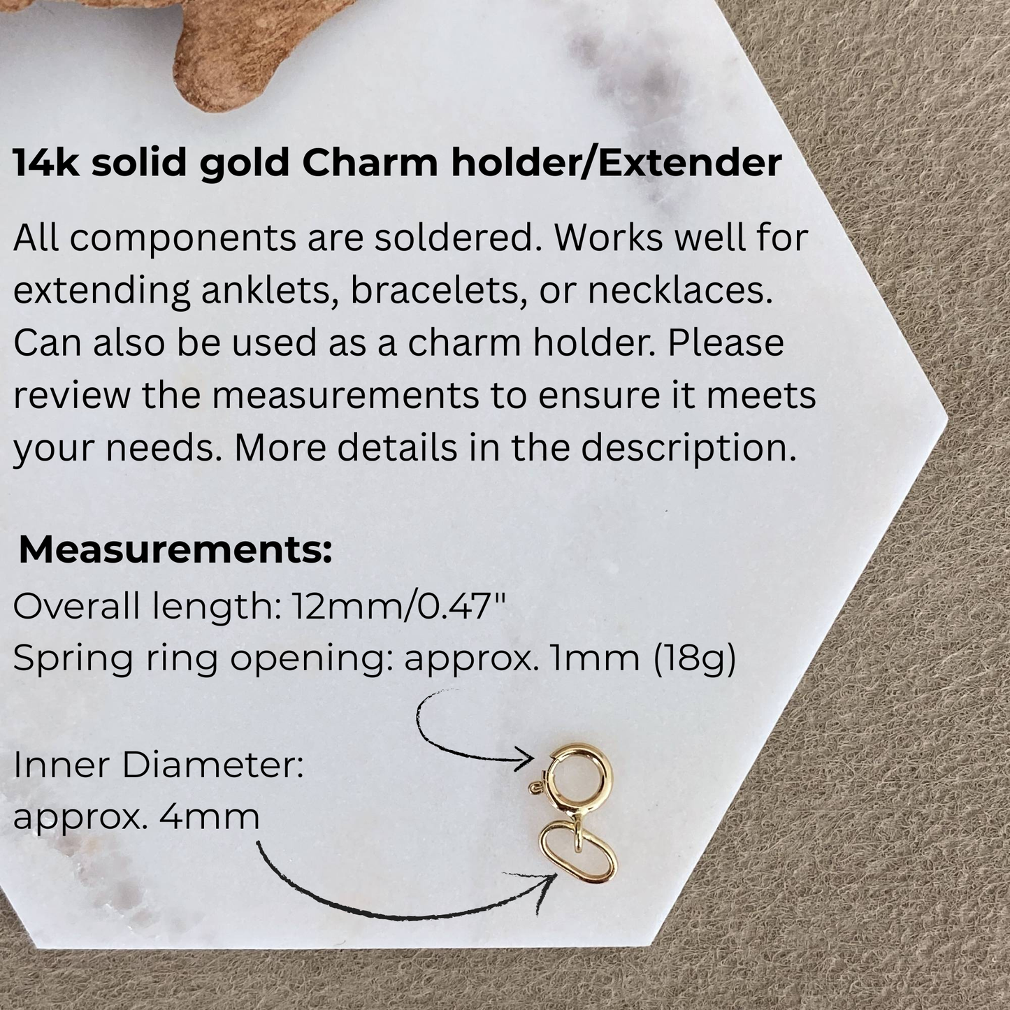 14k solid gold charm holder and chain extender with measurements and dimensions labeled