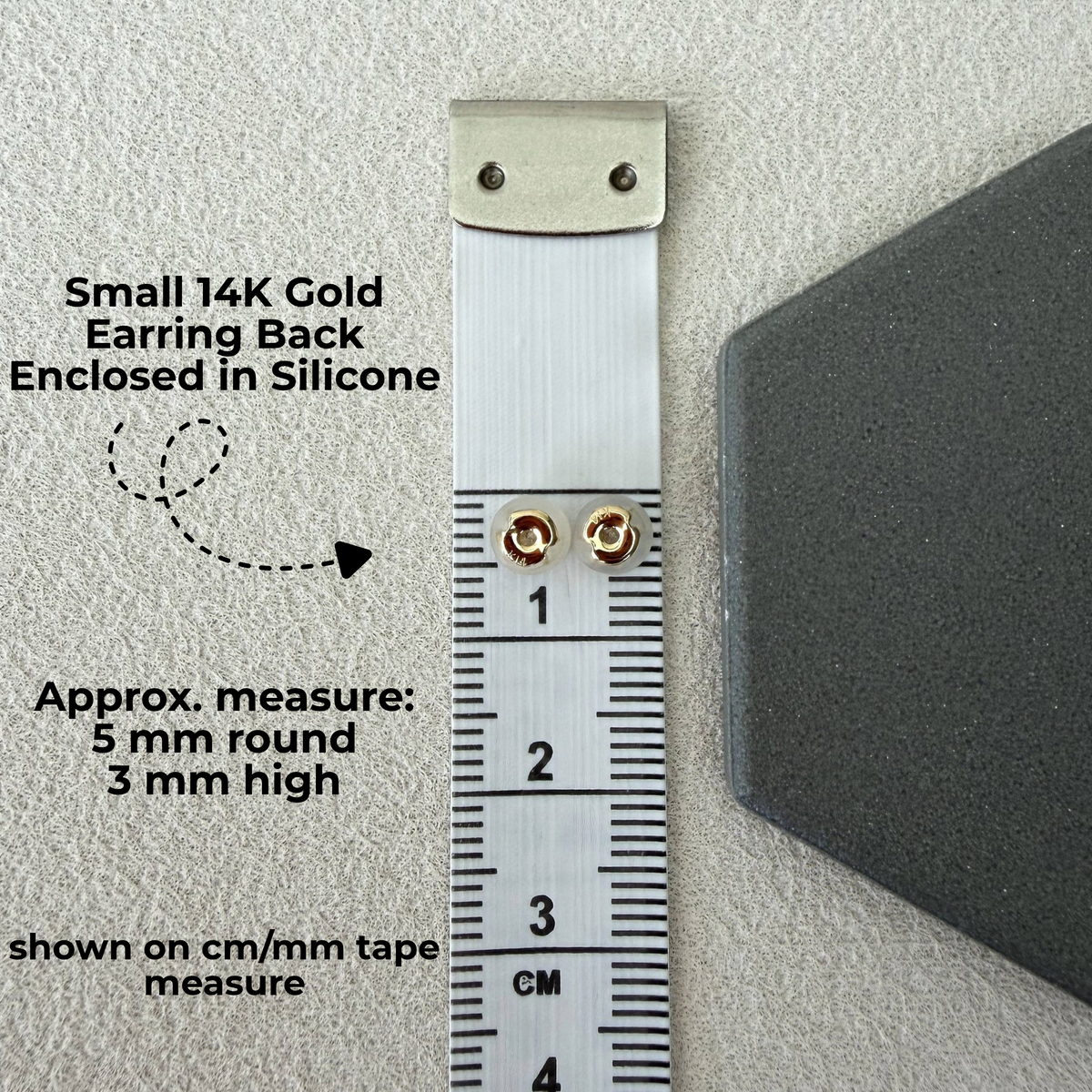 14K solid gold silicone earring backs with measurements shown in millimeters